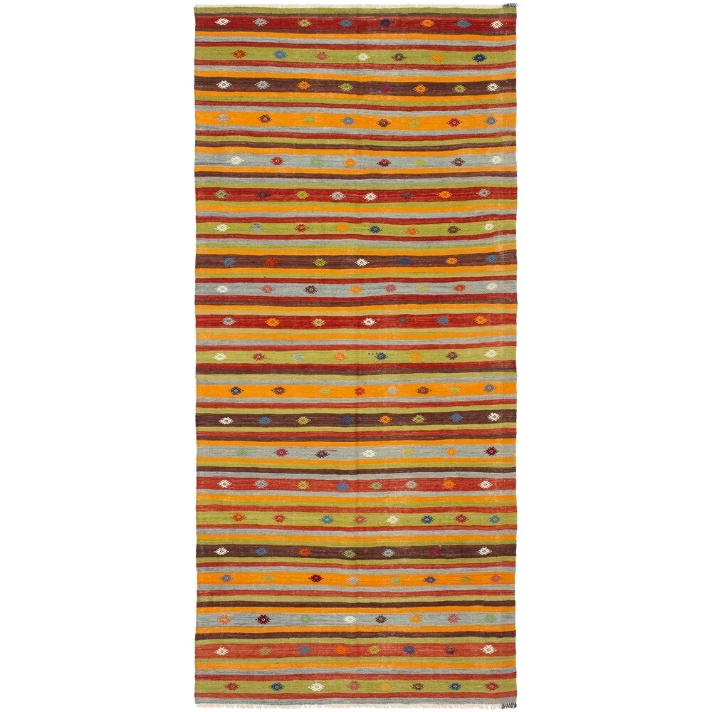 Flat-weave Bohemian Orange, Red Wool Kilim - 4'9 x 10'2/4'9" x 10'2"