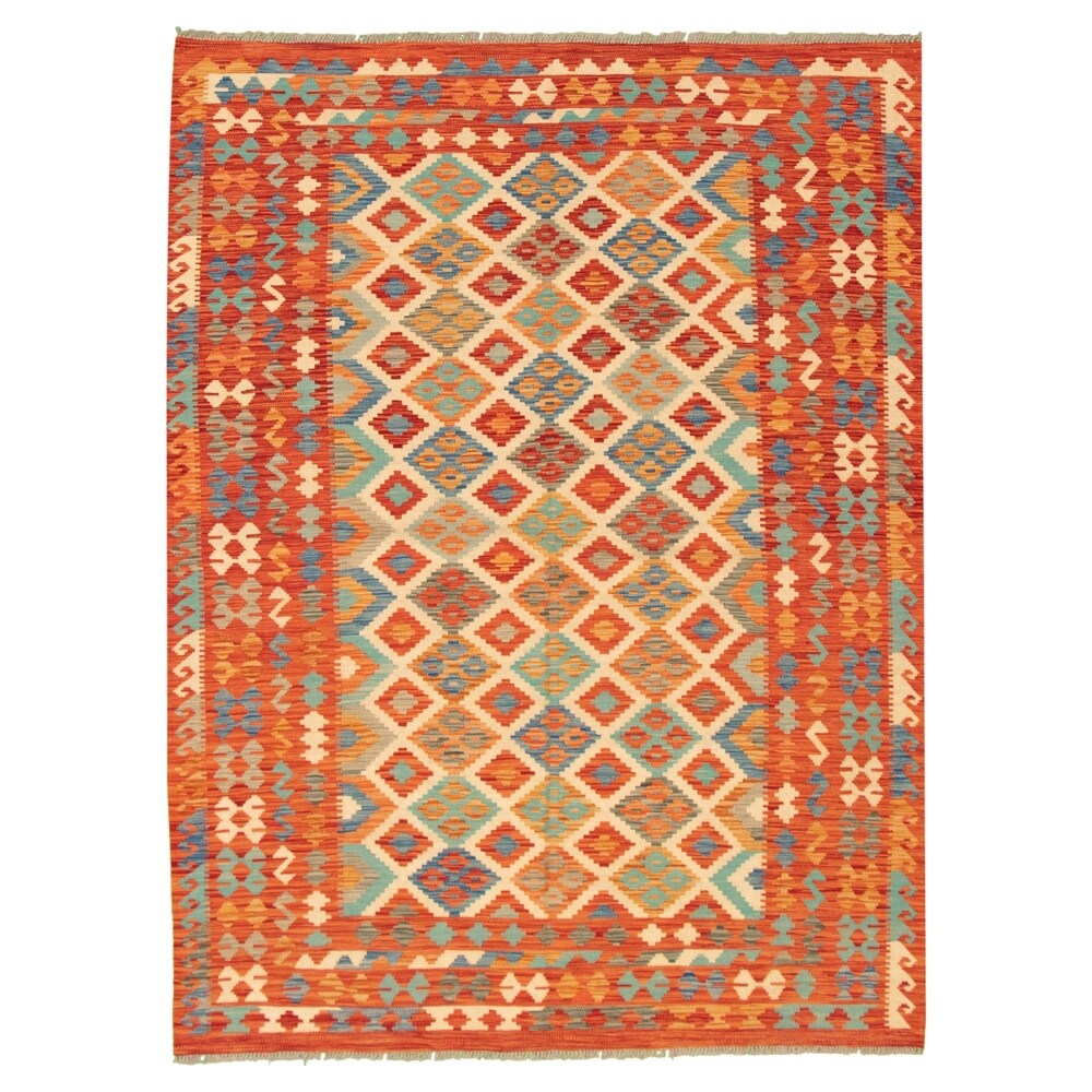 Flat-weave Bold and Colorful Red Wool Kilim ECARPETGALLERY - 6'0 x 8'1