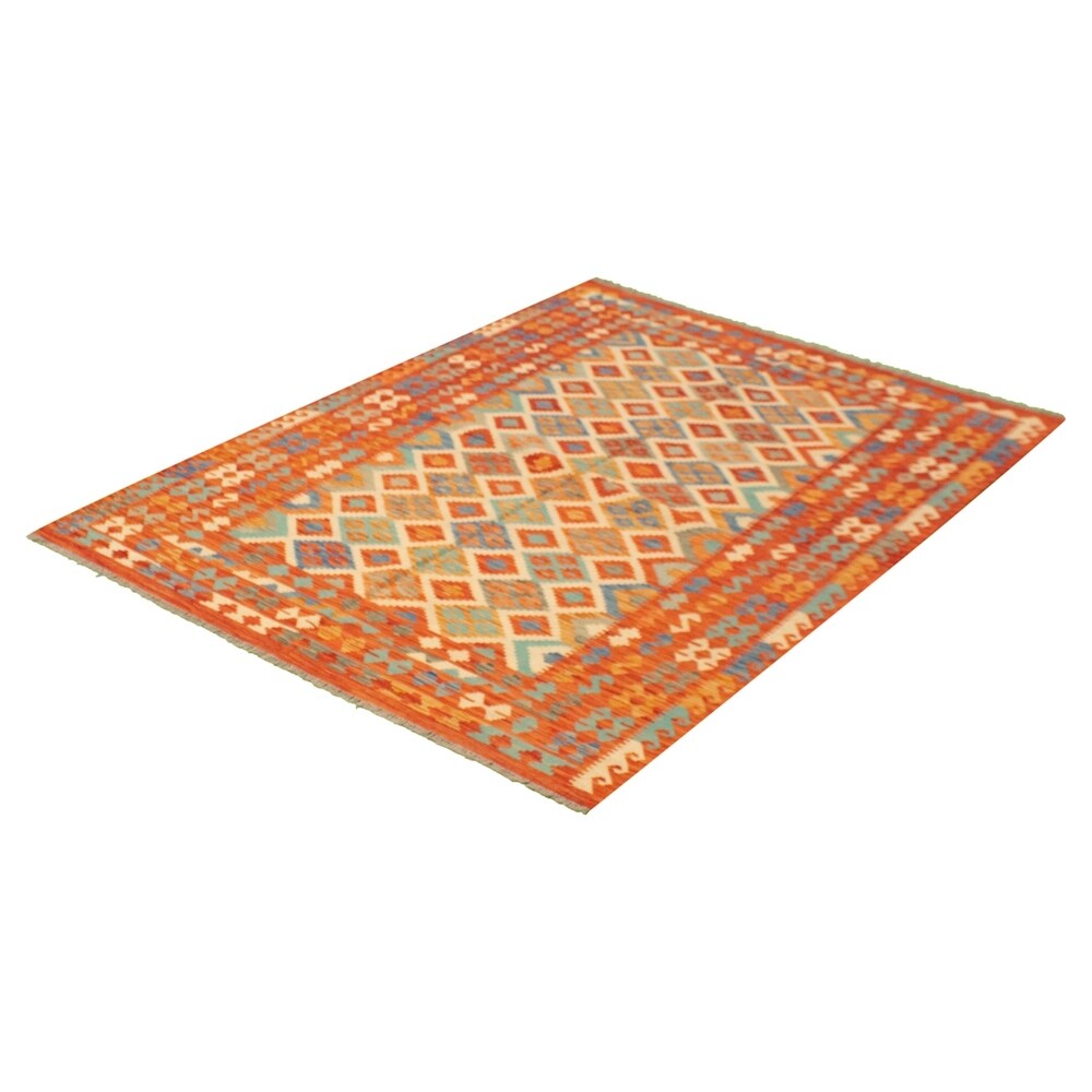 Flat-weave Bold and Colorful Red Wool Kilim ECARPETGALLERY - 6'0 x 8'1