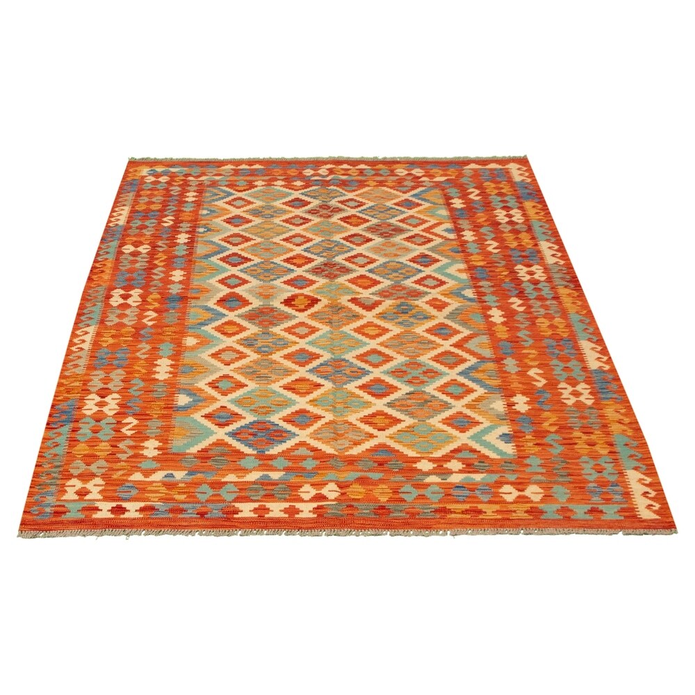 Flat-weave Bold and Colorful Red Wool Kilim ECARPETGALLERY - 6'0 x 8'1