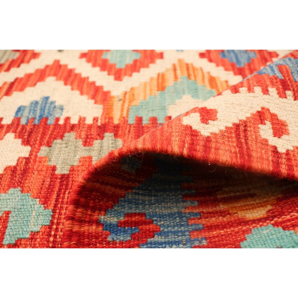Flat-weave Bold and Colorful Red Wool Kilim ECARPETGALLERY - 6'0 x 8'1