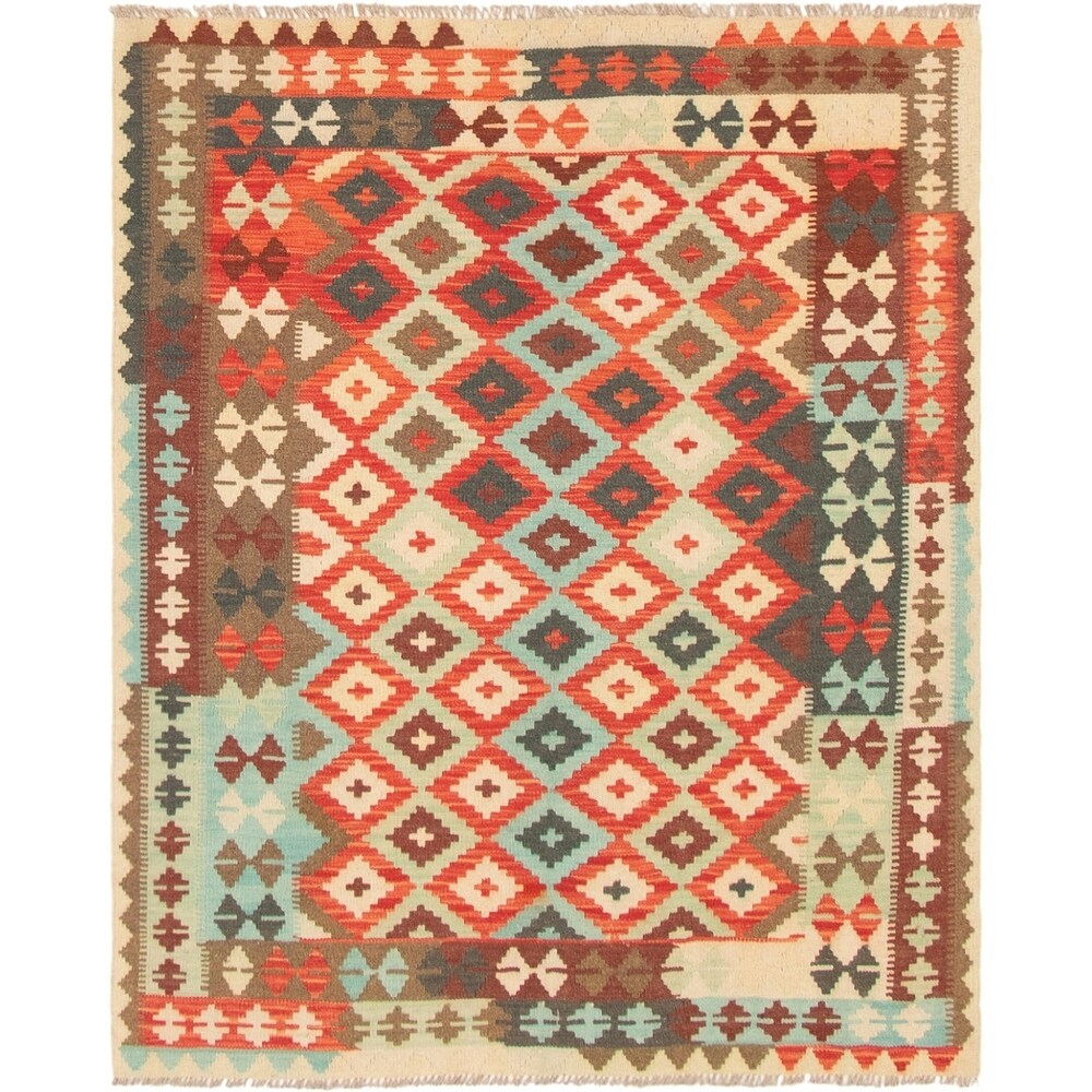 eCarpetGallery Flat-weave Istanbul Yama FW Light Blue , Red Wool Kilim - 5'1 x 6'3