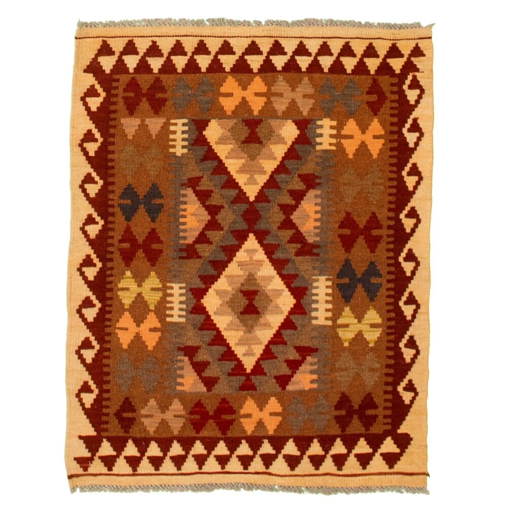 Flat-weave Kashkoli Brown, Red Wool Kilim - 2'11" x 3'9"