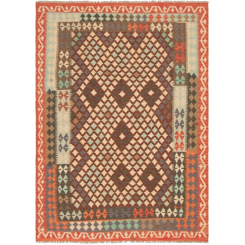 eCarpetGallery Flat-weave Kashkoli FW Brown, Red Wool Kilim - 6'1 x 8'4
