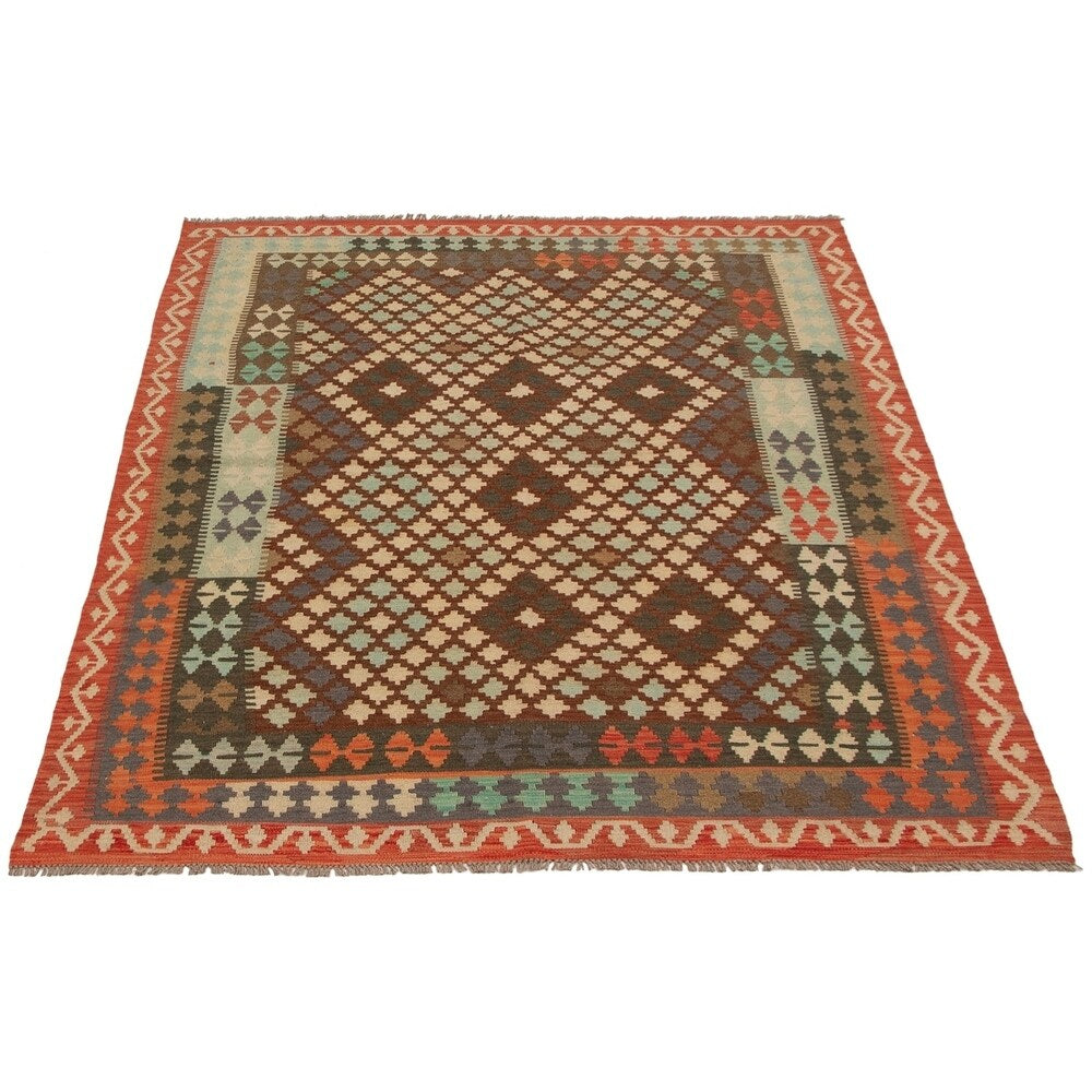 eCarpetGallery Flat-weave Kashkoli FW Brown, Red Wool Kilim - 6'1 x 8'4