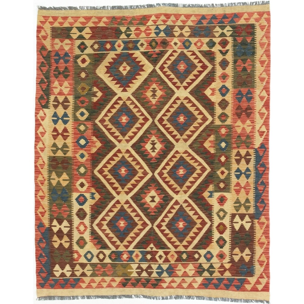 Flat-weave Kashkoli Burgundy, Gold Wool Kilim - 5'1 x 6'5/5'1" x 6'5"