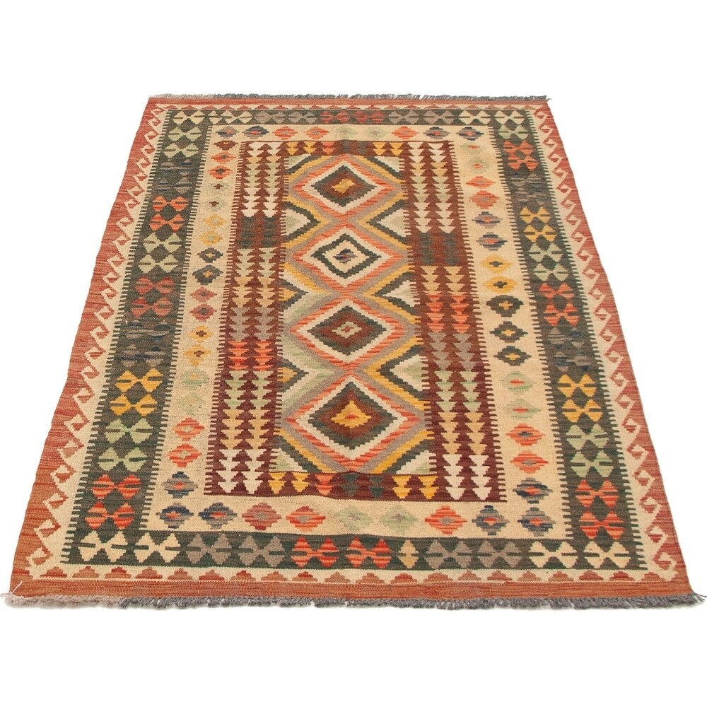 eCarpetGallery Flat-weave Kashkoli FW Red, Teal Wool Kilim - 4'7 x 6'4