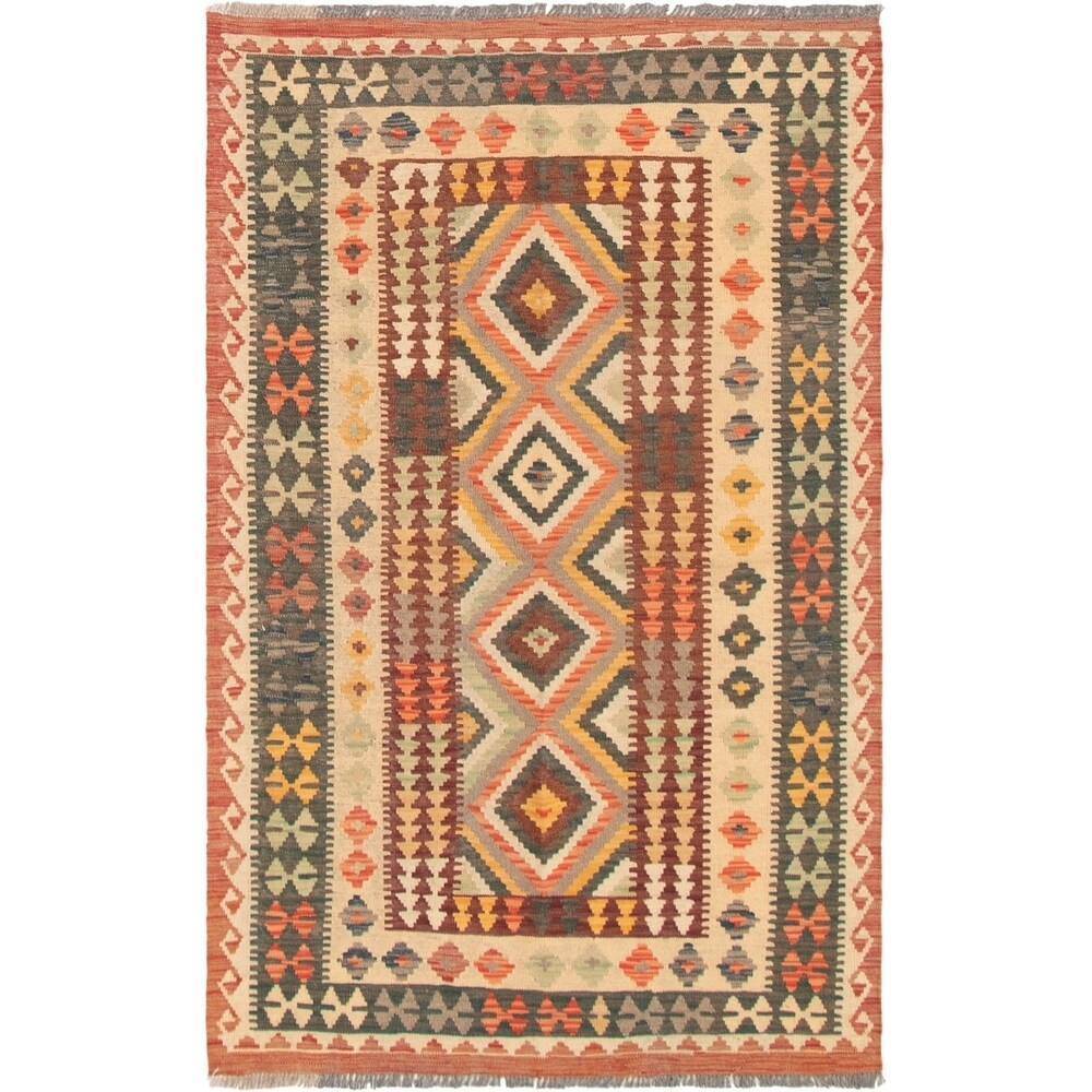 eCarpetGallery Flat-weave Kashkoli FW Red, Teal Wool Kilim - 4'7 x 6'4