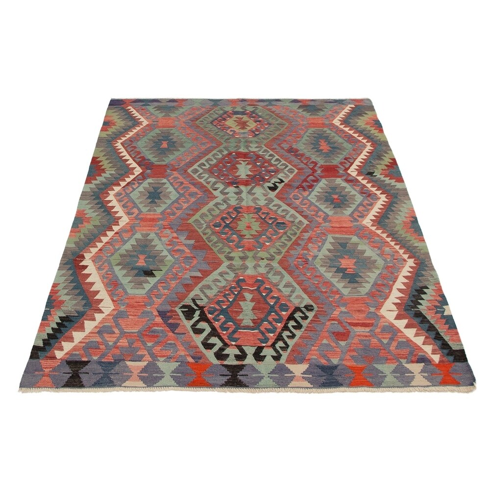eCarpetGallery Flat-weave Sivas Light Green, Red Wool Kilim - 6'6 x 10'1