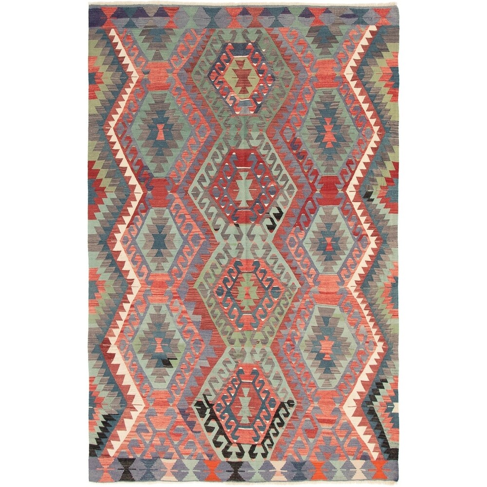 eCarpetGallery Flat-weave Sivas Light Green, Red Wool Kilim - 6'6 x 10'1