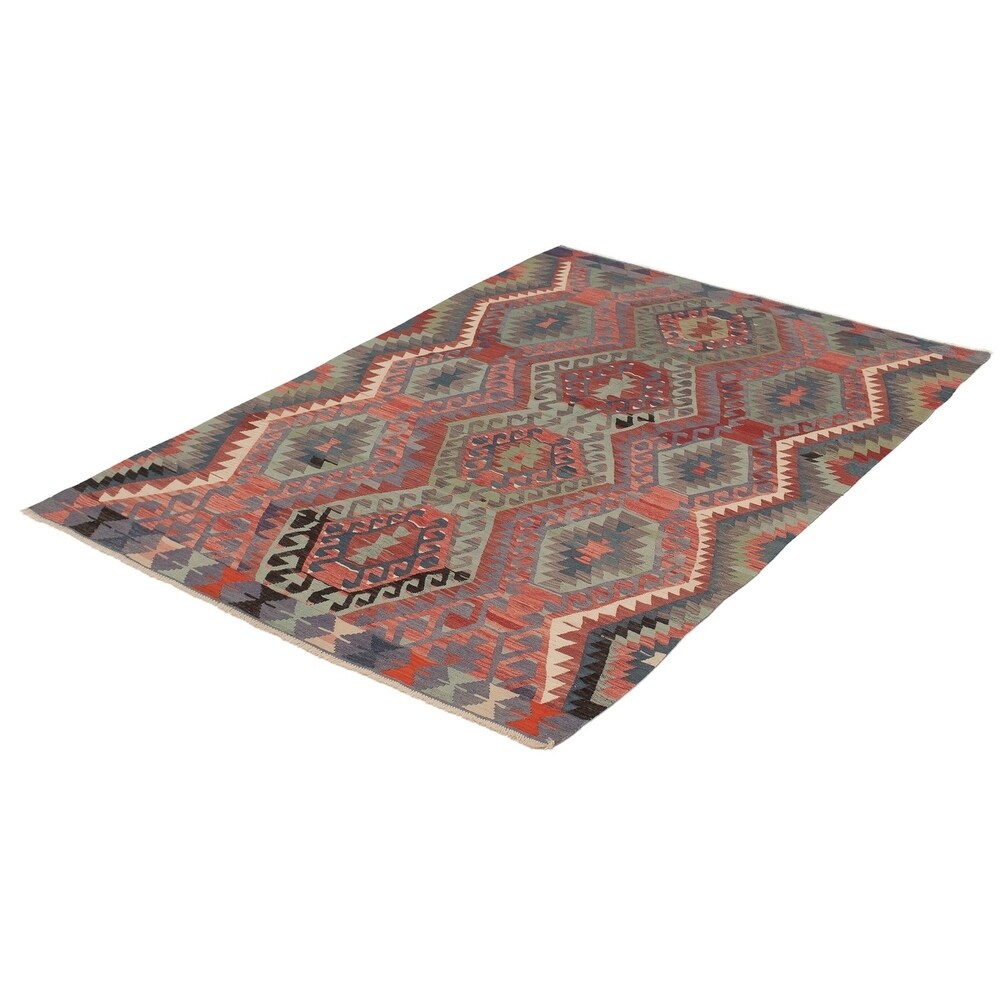 eCarpetGallery Flat-weave Sivas Light Green, Red Wool Kilim - 6'6 x 10'1