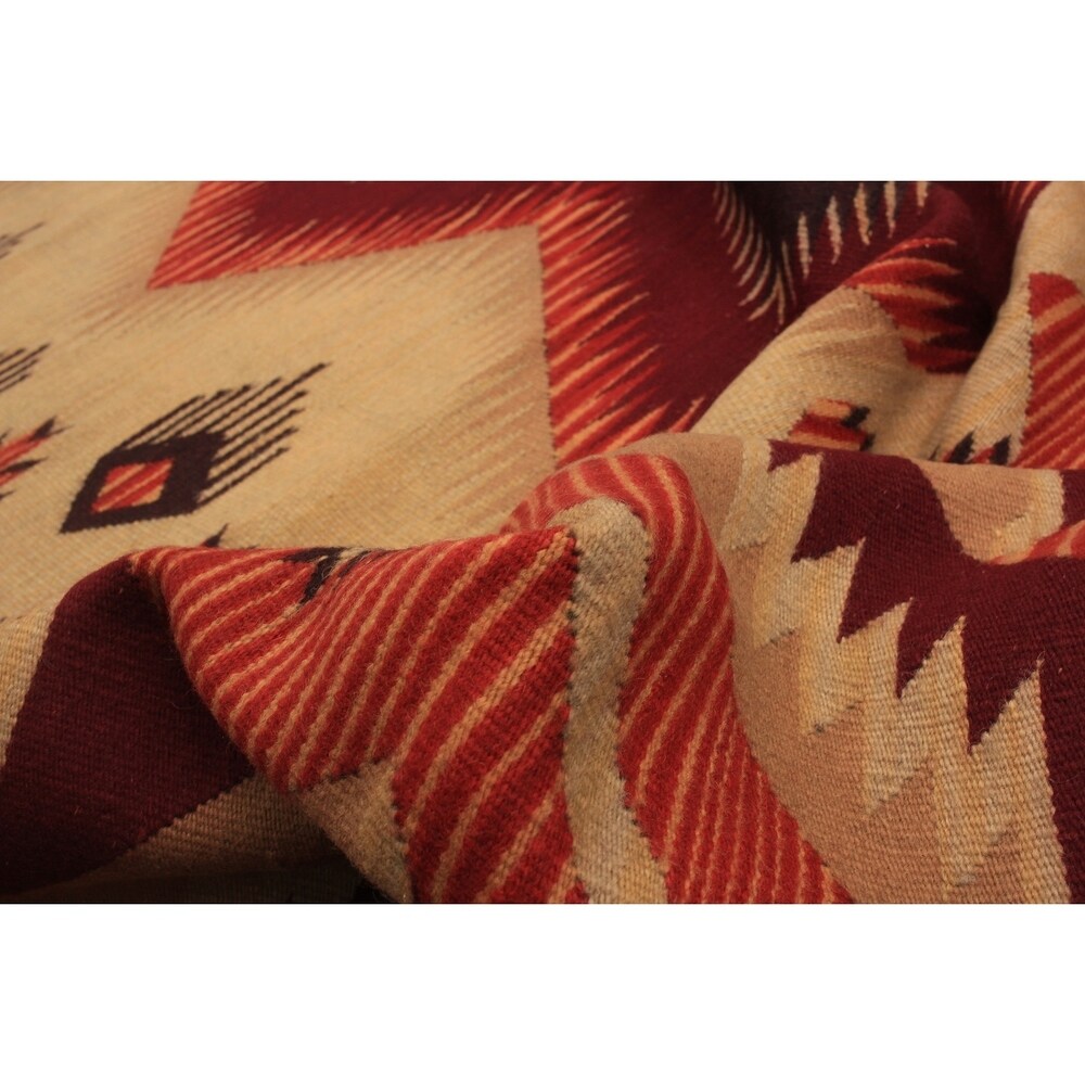 eCarpetGallery Flat-weave Yoruk Beige, Dark Red Wool Kilim - 6'6 x 9'8