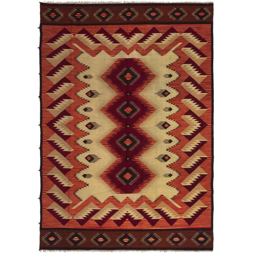 eCarpetGallery Flat-weave Yoruk Beige, Dark Red Wool Kilim - 6'6 x 9'8