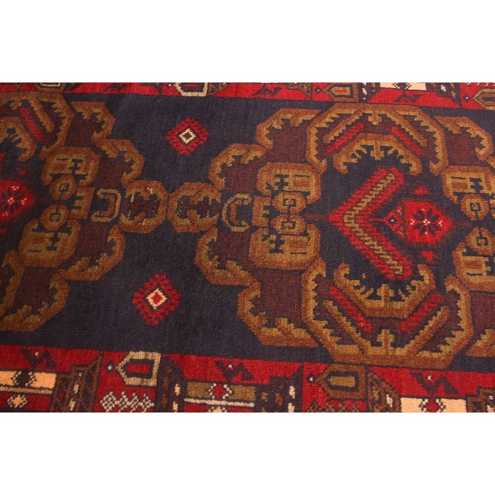 Hand-knotted Rizbaft Navy, Red Wool Rug - 3'4" x 9'1" Runner