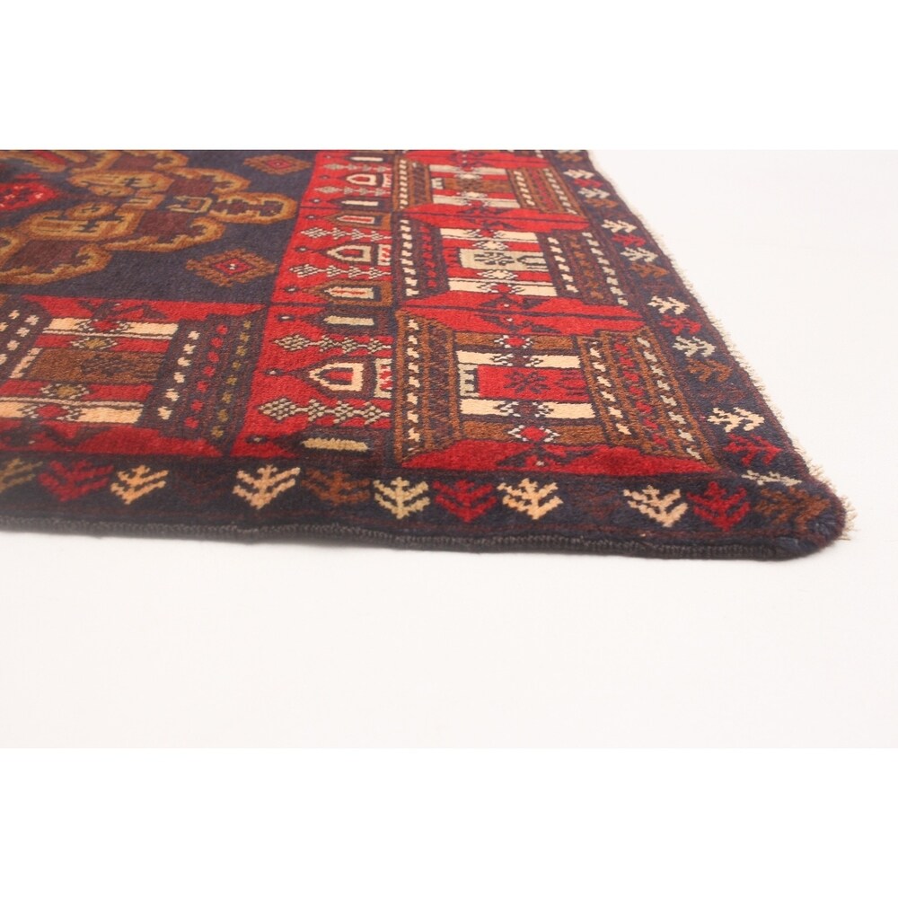 Hand-knotted Rizbaft Navy, Red Wool Rug - 3'4" x 9'1" Runner