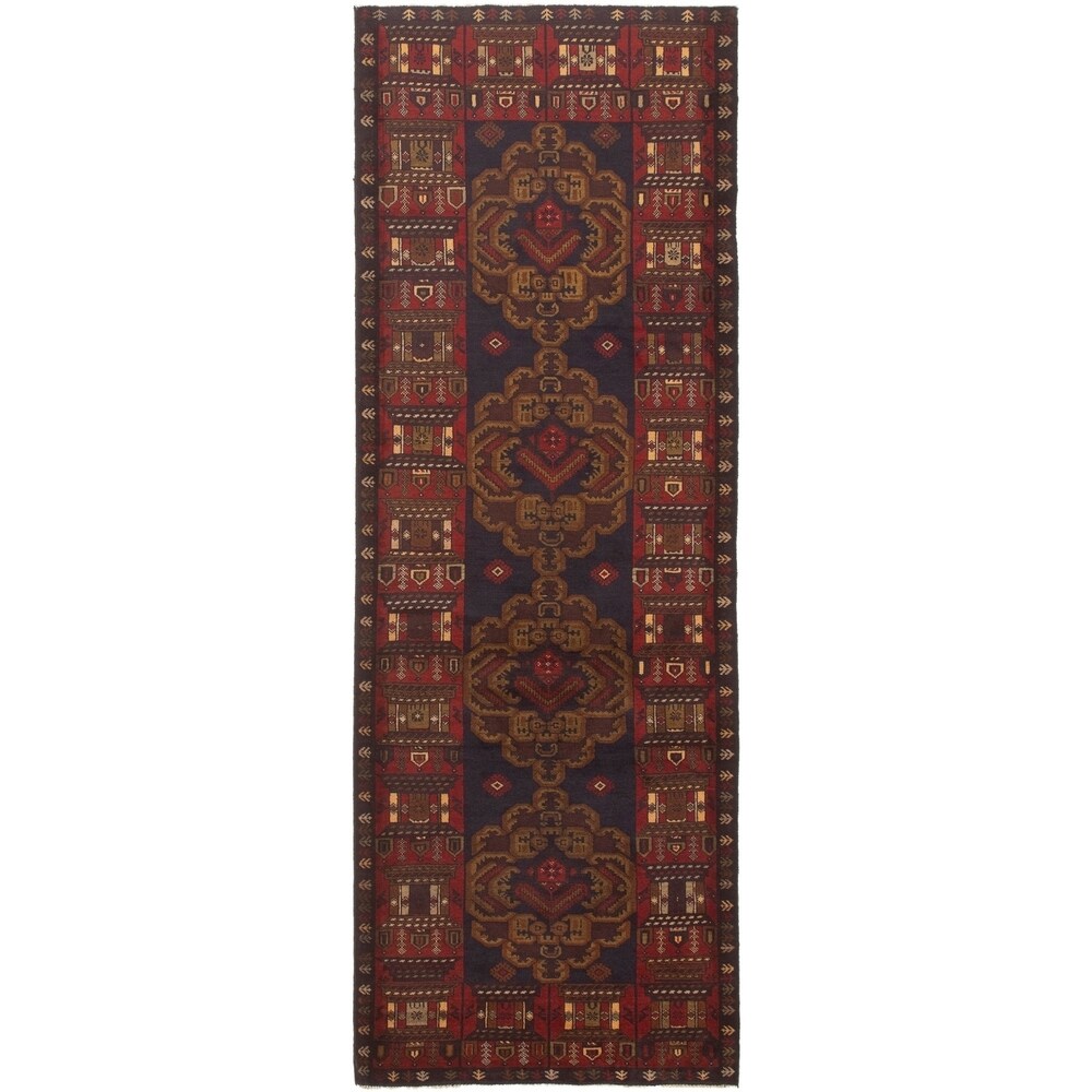 Hand-knotted Rizbaft Navy, Red Wool Rug - 3'4" x 9'1" Runner