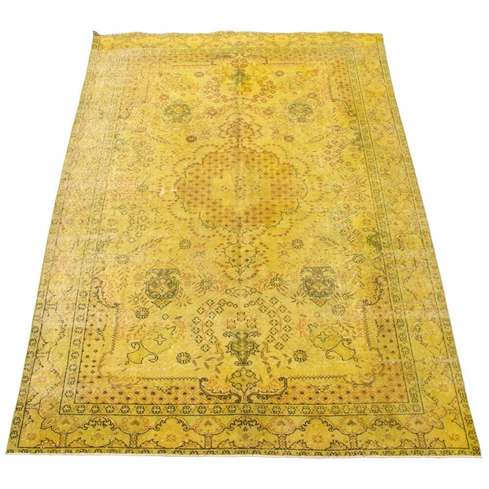 Hand-knotted Antalya Vintage Olive Wool Rug - 6'11 x 10'2