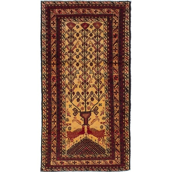 eCarpetGallery Hand-knotted Finest Baluch Cream, Dark Red Wool Rug - 3'0 x 6'1