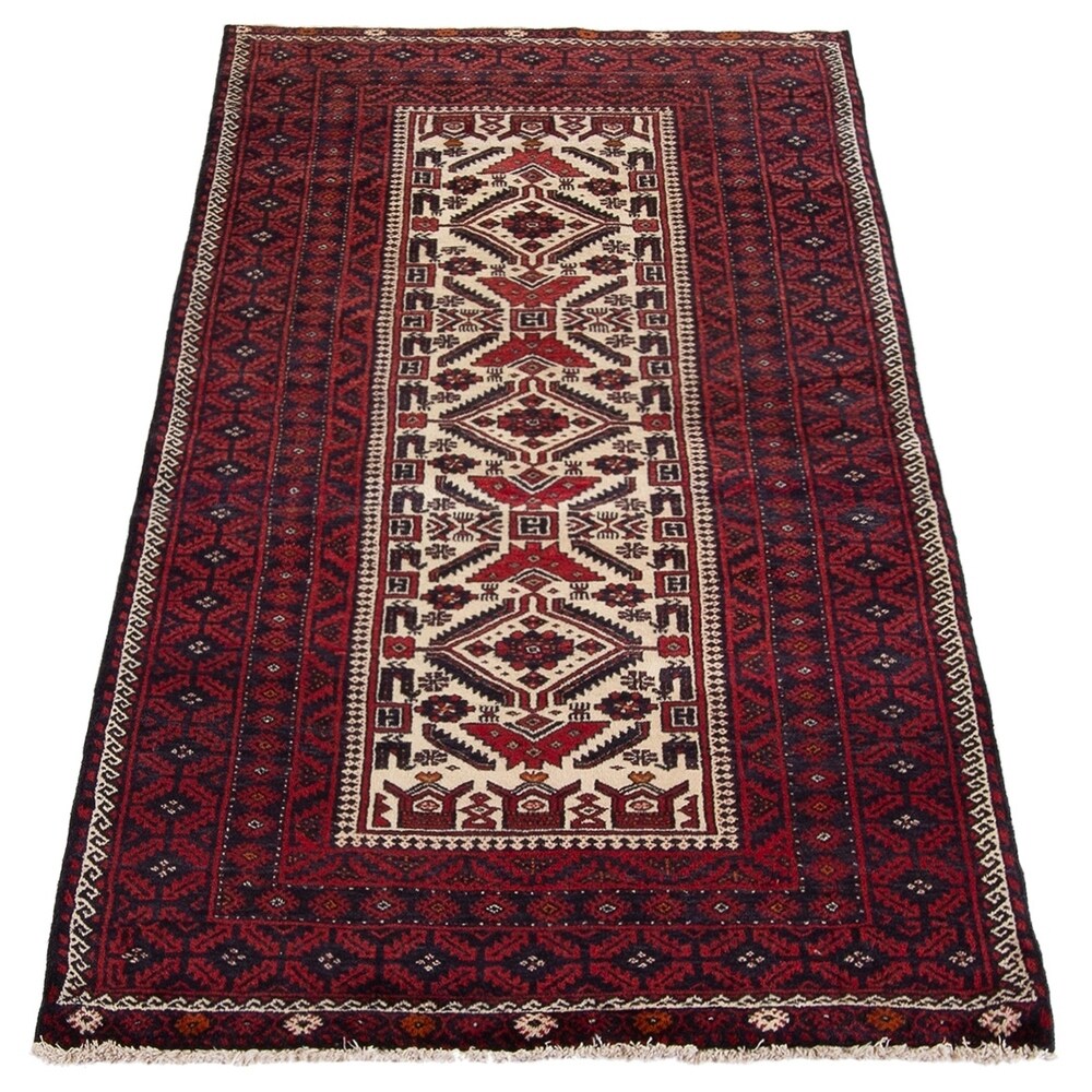 eCarpetGallery Hand-knotted Finest Baluch Cream, Red Wool Rug - 3'5 x 6'11