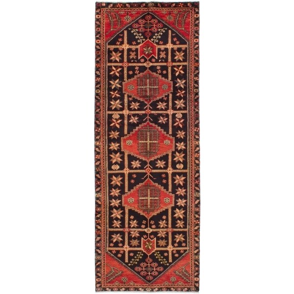eCarpetGallery Hand-knotted Hamadan Black, Red Wool Rug - 3'7 x 10'1