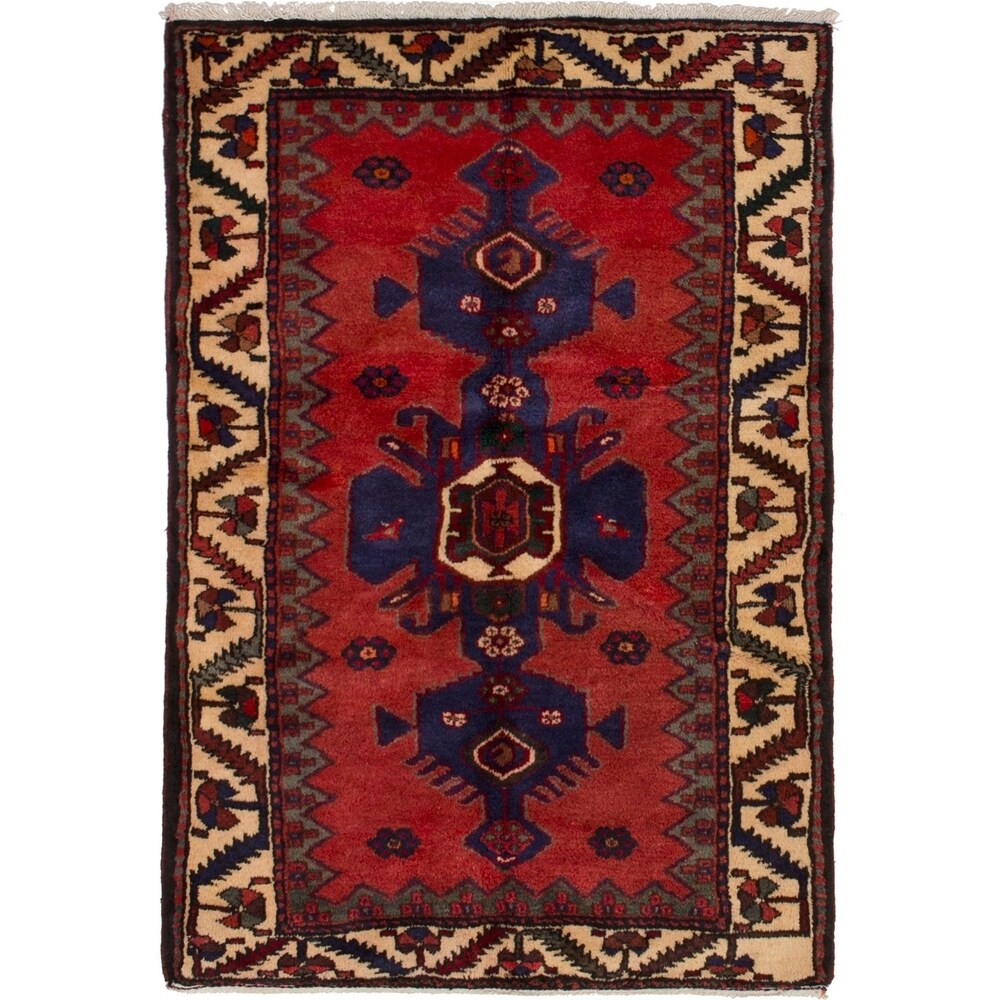 Hand-knotted Hamadan Red Wool Rug - 3'4 x 5'1/3'4" x 5'1"