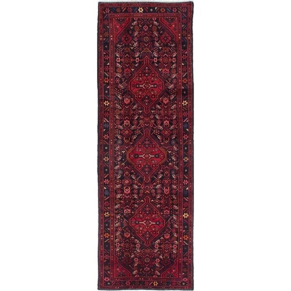 Hand-knotted Jouzan Malayer Navy, Red Wool Rug - 3'8 x 11'2/3'8" x 11'2" Runner