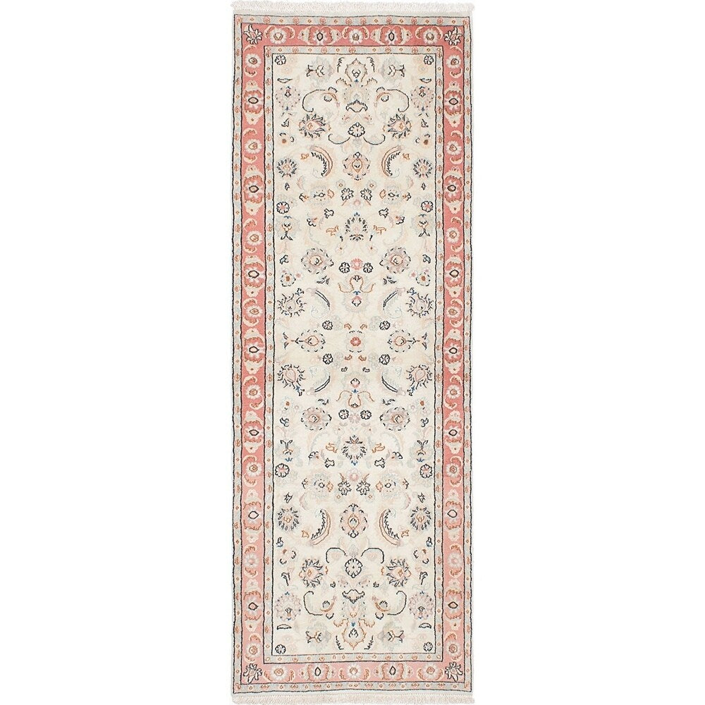 eCarpetGallery Hand-knotted Nain 9La Cream, Light Coral Silk, Wool Rug - 3'2 x 9'1