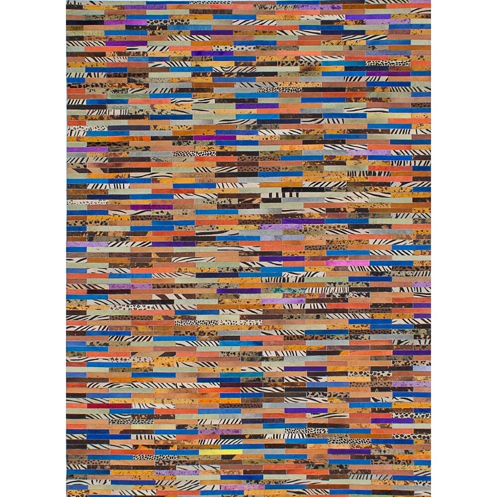 Handmade Cowhide Patchwork Blue, Brown Leather Rug