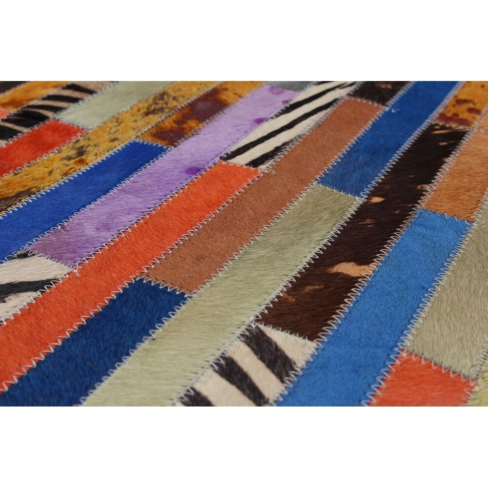 Handmade Cowhide Patchwork Blue, Brown Leather Rug