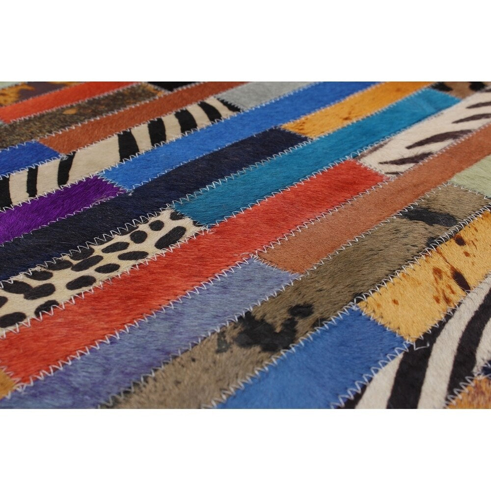 Handmade Cowhide Patchwork Blue, Brown Leather Rug
