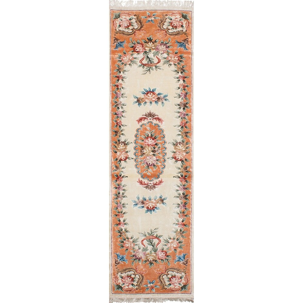 eCarpetGallery Ivory Art Silk Hand-knotted Aubousson Harrir Runner Rug (2'6 x 9'10)