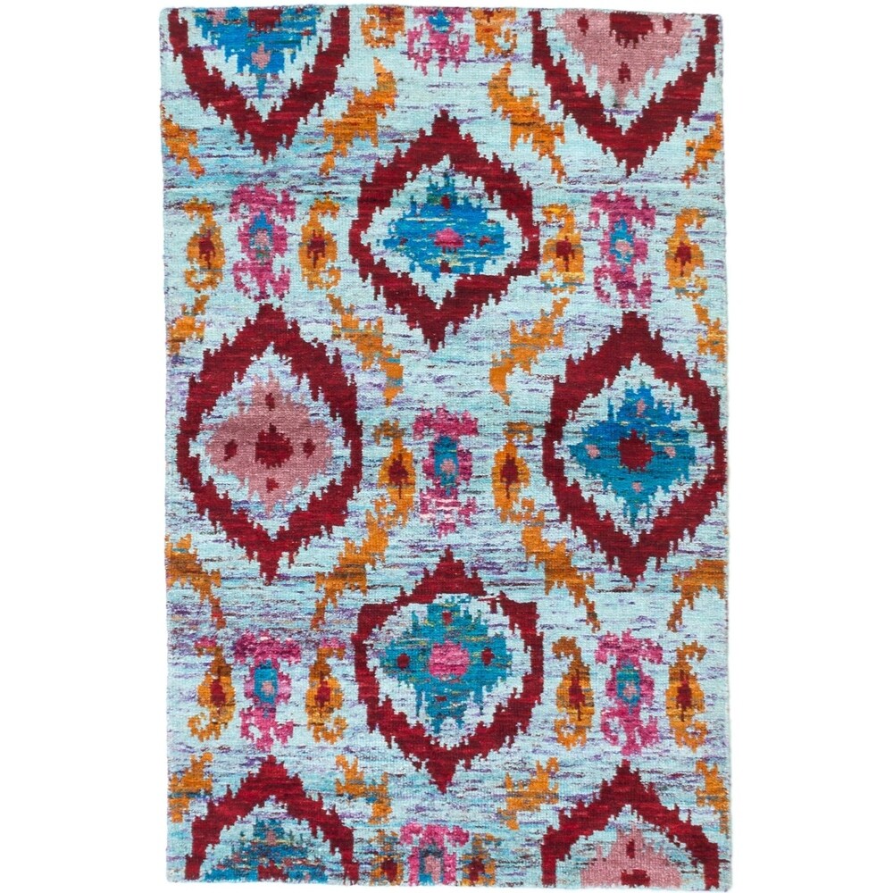 ecarpetgallery Blue and Red Sari Silk Rug