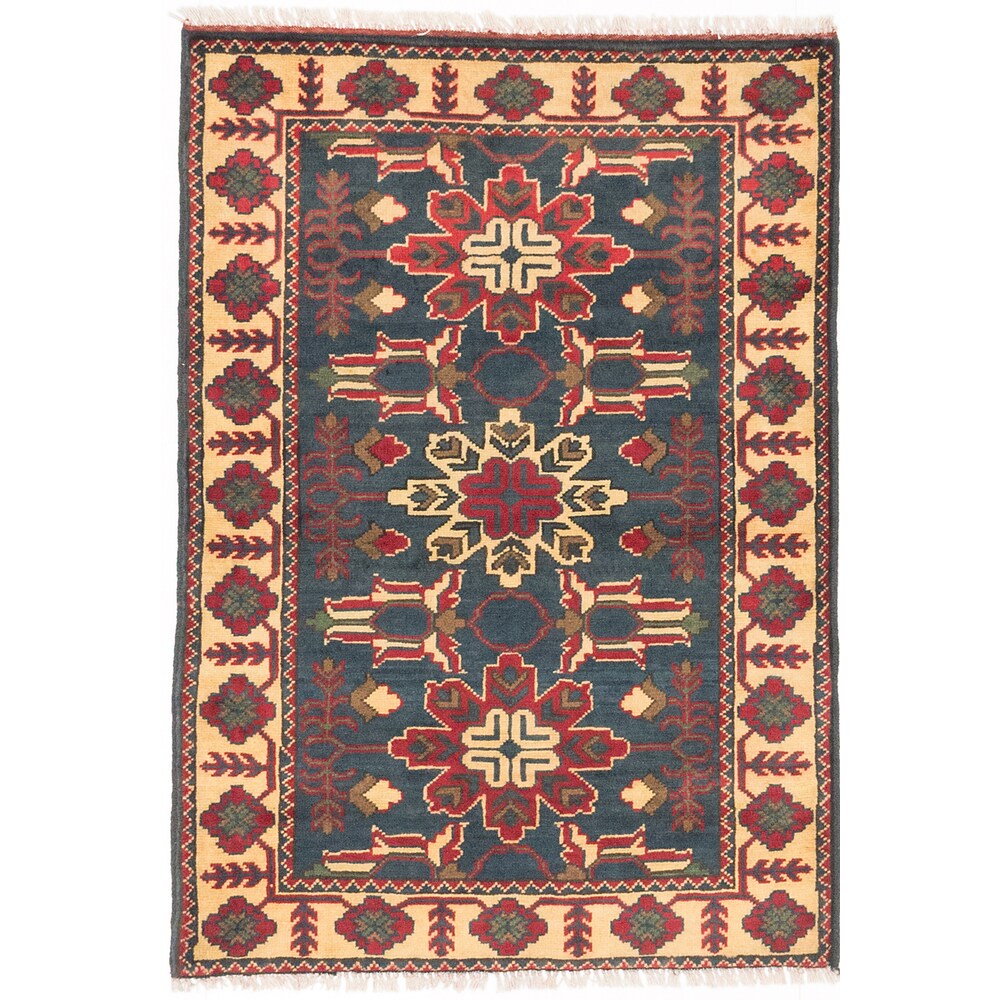 Hand-knotted Finest Kargahi Navy, Ivory Wool Rug - 2'9 x 4'0
