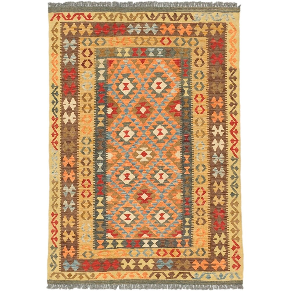 ecarpetgallery Hand-Woven Anatolian Kilim Brown Yellow Wool Kilim (4'9 x 6'10)