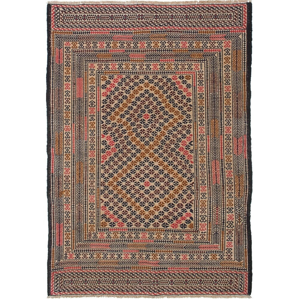 ecarpetgallery Hand-Woven Shiravan Sumak Ivory, Pink Wool Sumak (4'2 x 6'2)