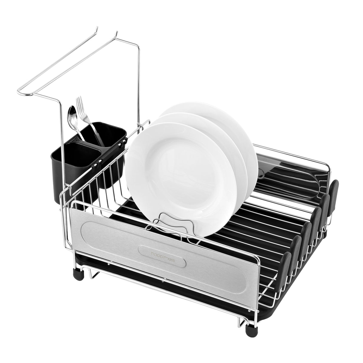 happimess Compact 17.25" Fingerprint-Proof Stainless Steel Dish Drying Rack With Wine Glass Holder, Stainless Steel/Black