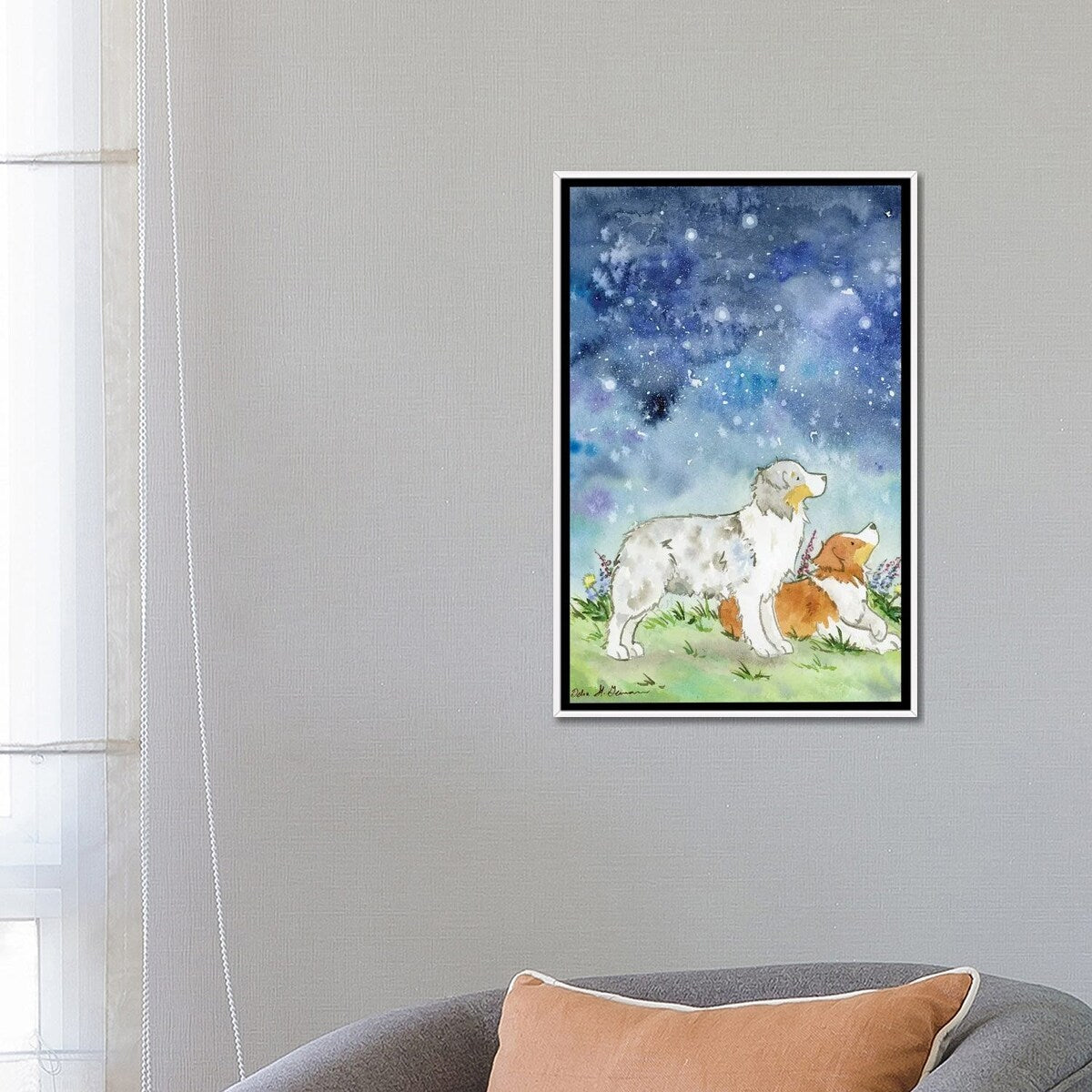 iCanvas "Australian Shepherds On A Starry Night" by Jasper And Ruby Framed Canvas Print