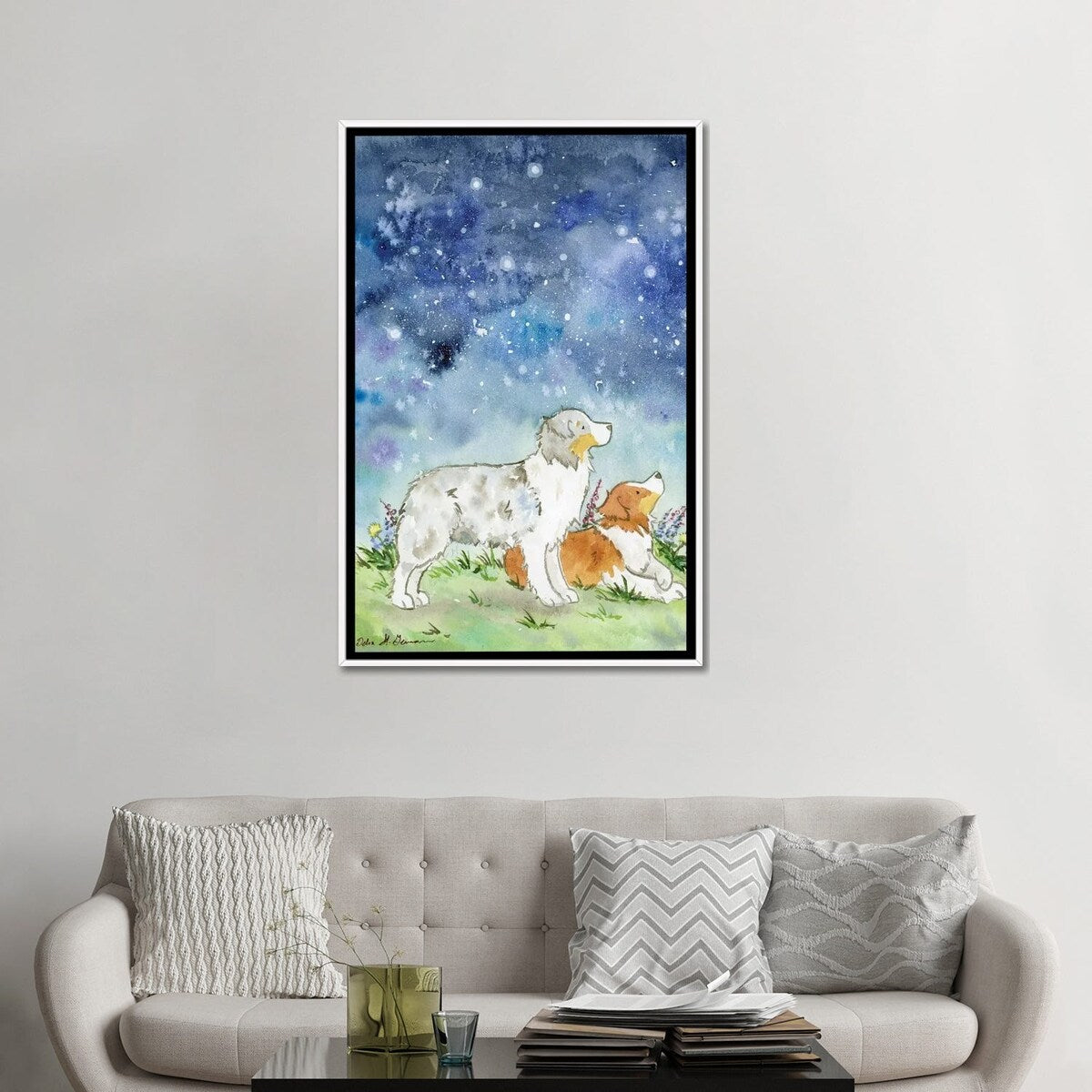iCanvas "Australian Shepherds On A Starry Night" by Jasper And Ruby Framed Canvas Print