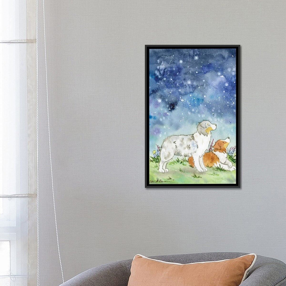 iCanvas "Australian Shepherds On A Starry Night" by Jasper And Ruby Framed Canvas Print