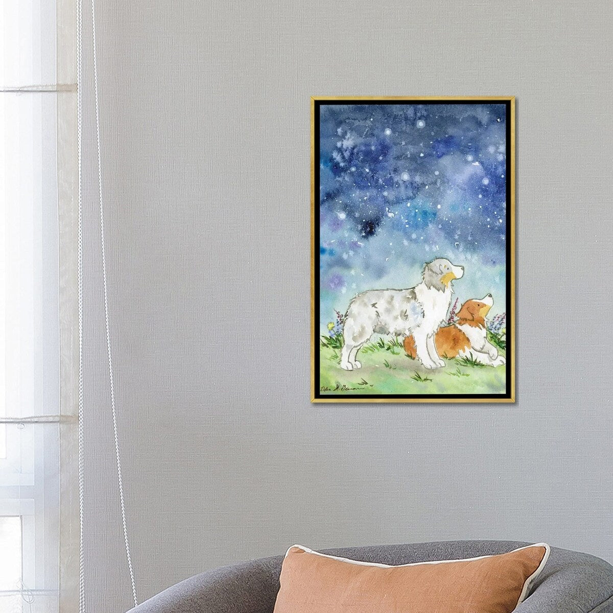iCanvas "Australian Shepherds On A Starry Night" by Jasper And Ruby Framed Canvas Print