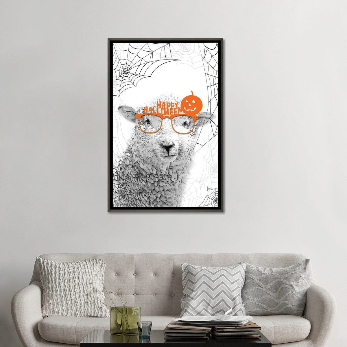 iCanvas "Black And White Sheep With Halloween Glasses" by Printable Lisa's Pets Framed