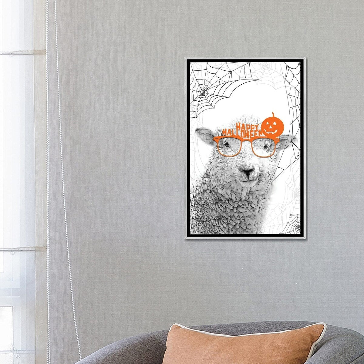 iCanvas "Black And White Sheep With Halloween Glasses" by Printable Lisa's Pets Framed