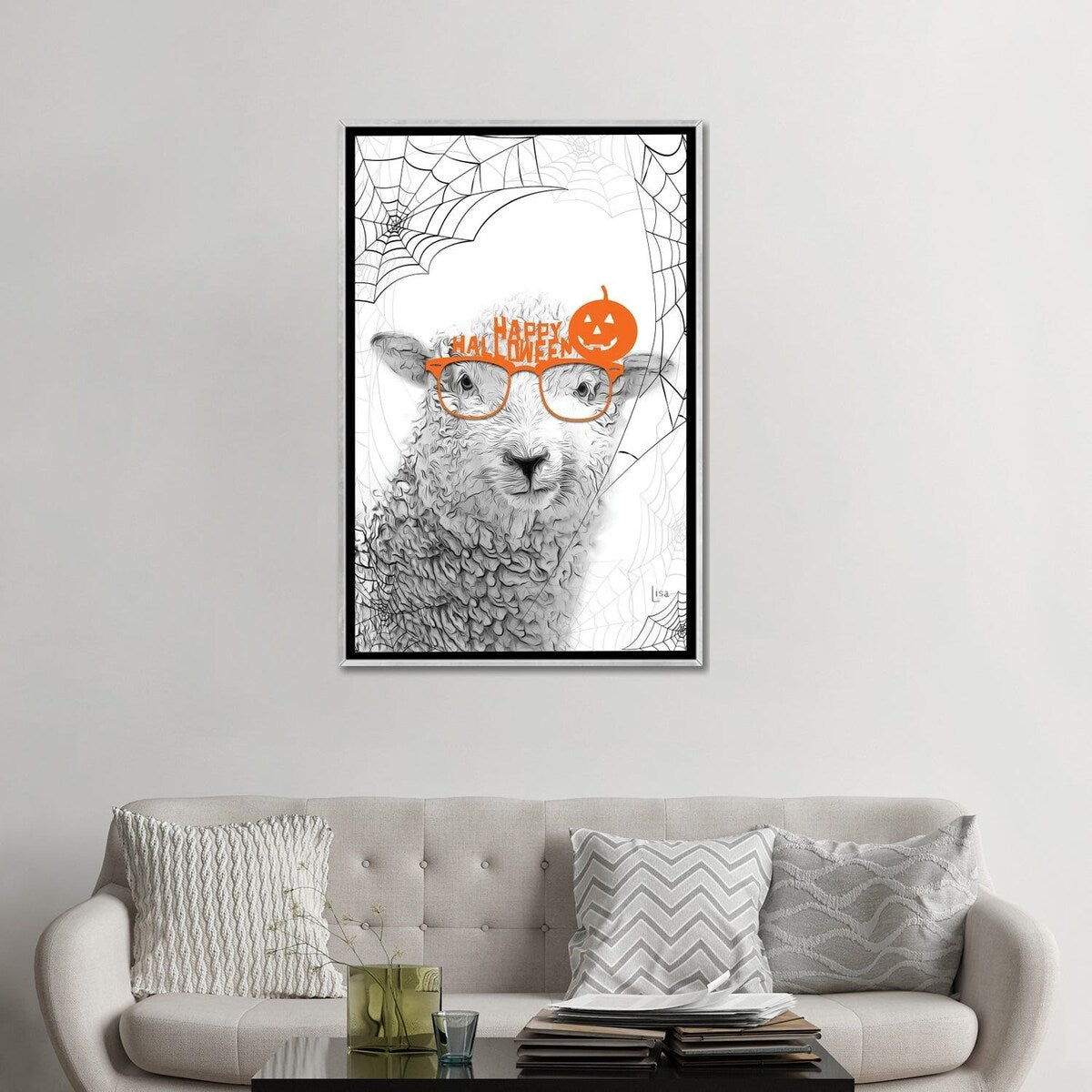 iCanvas "Black And White Sheep With Halloween Glasses" by Printable Lisa's Pets Framed
