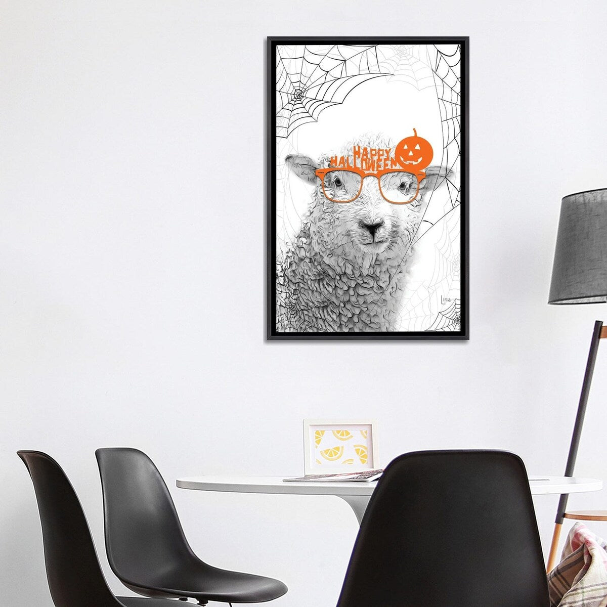 iCanvas "Black And White Sheep With Halloween Glasses" by Printable Lisa's Pets Framed