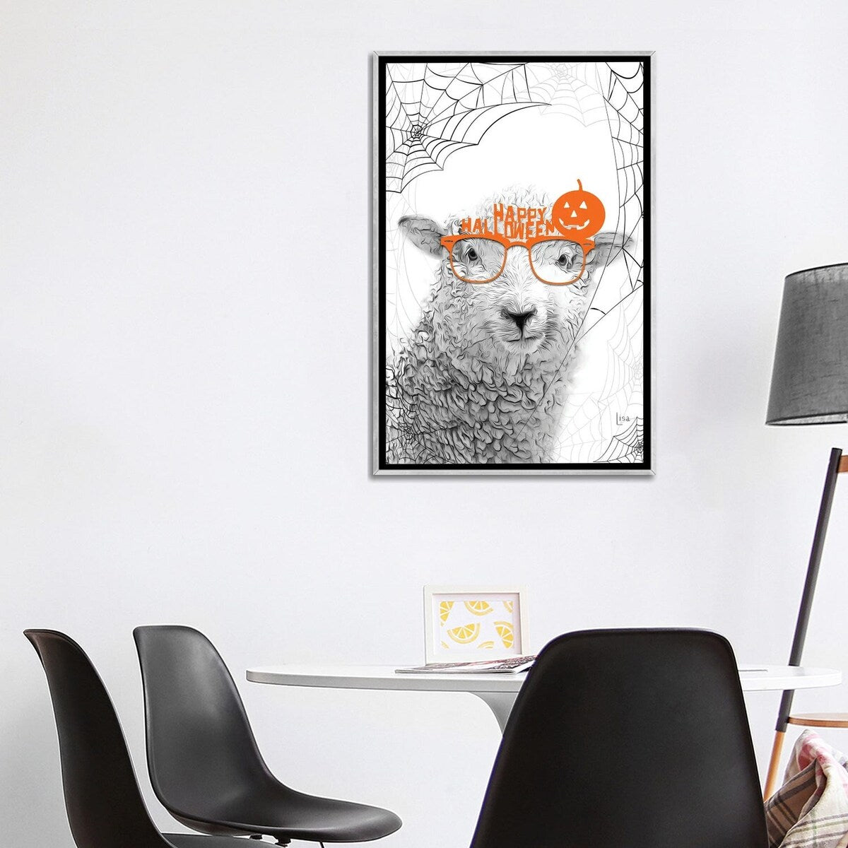 iCanvas "Black And White Sheep With Halloween Glasses" by Printable Lisa's Pets Framed
