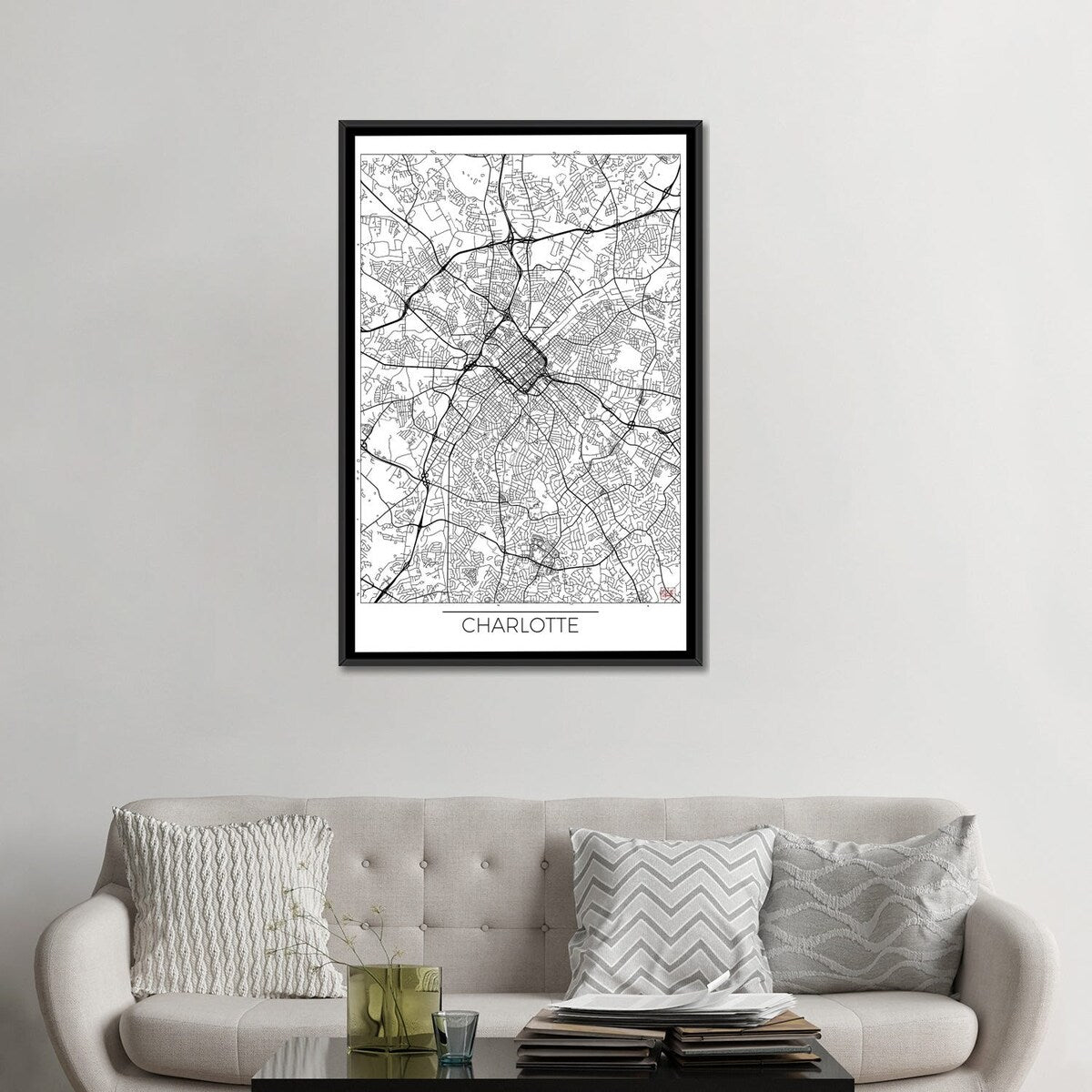 iCanvas "Charlotte Minimal Urban Blueprint Map" by Hubert Roguski Framed