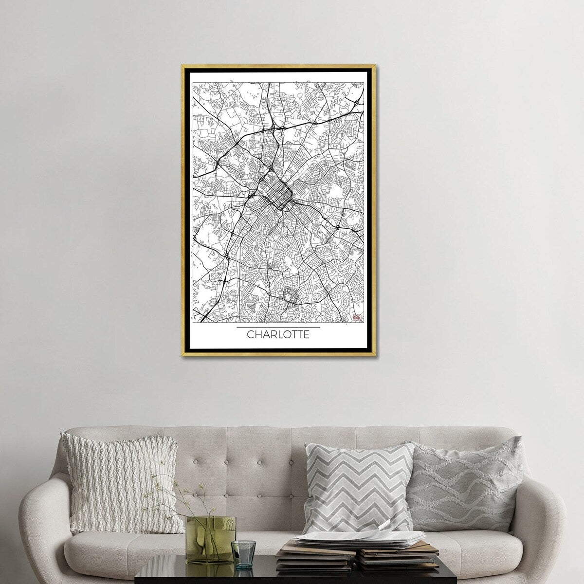 iCanvas "Charlotte Minimal Urban Blueprint Map" by Hubert Roguski Framed