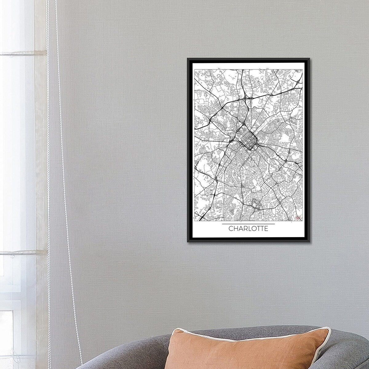 iCanvas "Charlotte Minimal Urban Blueprint Map" by Hubert Roguski Framed