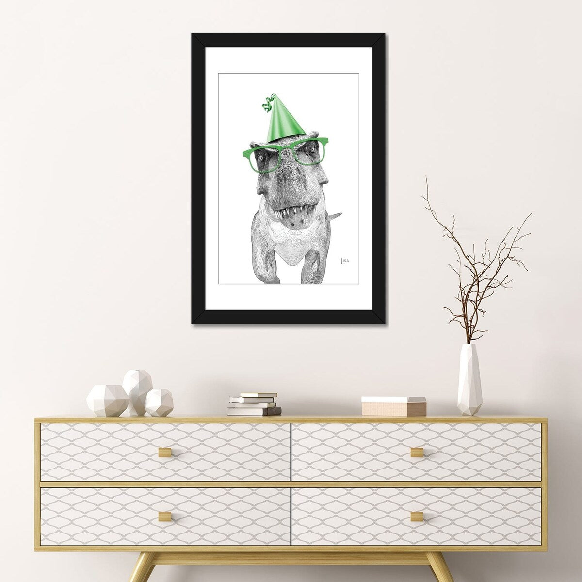 iCanvas "Dinosaur T-Rex With Glasses And Happy Birthday Party Hat" by Printable Lisa's Pets