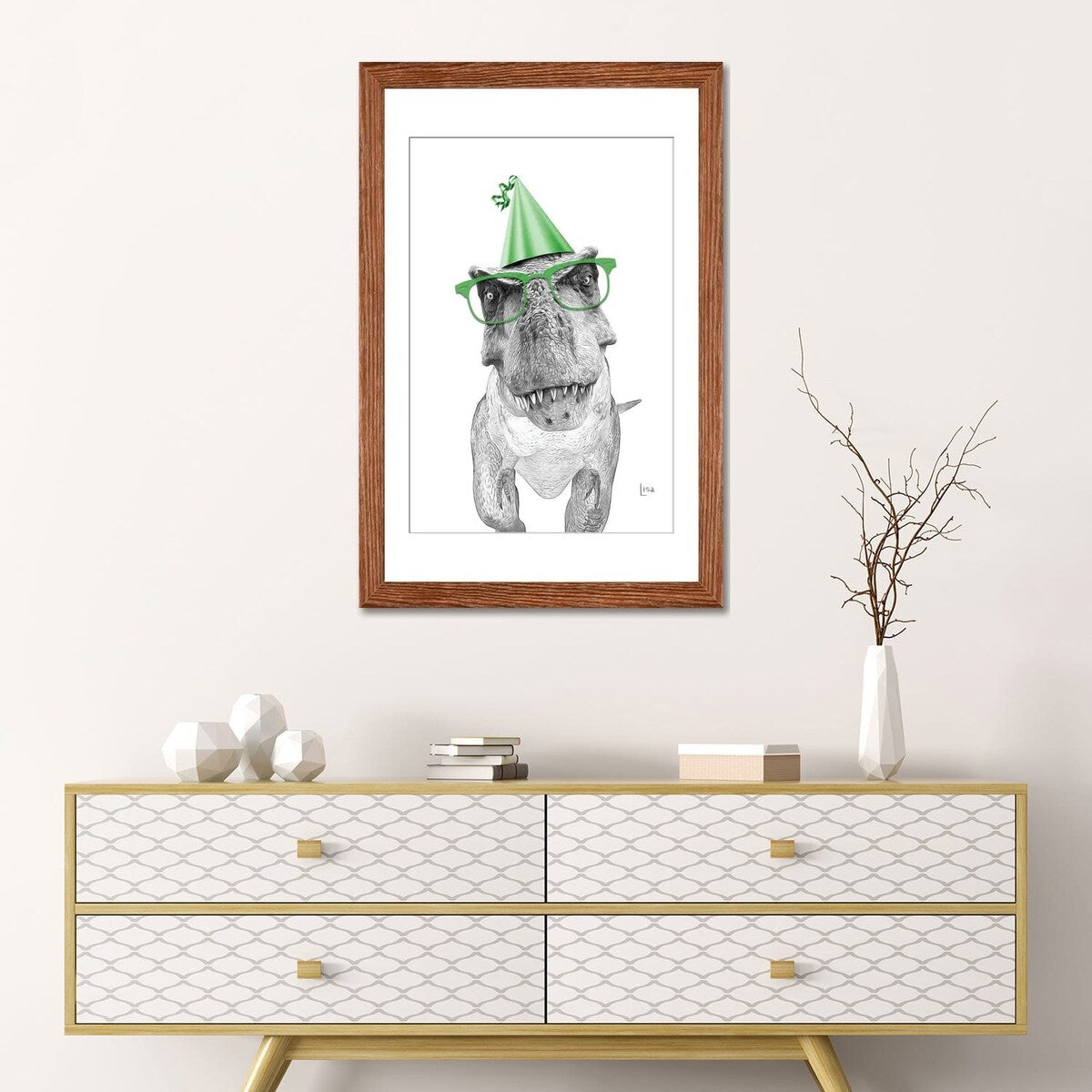 iCanvas "Dinosaur T-Rex With Glasses And Happy Birthday Party Hat" by Printable Lisa's Pets